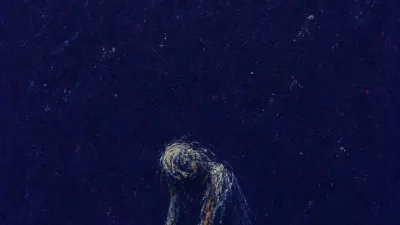 A lowered solitary figure with both hands as draining vessels beneath a distant star, cold silver colliding with faint amber