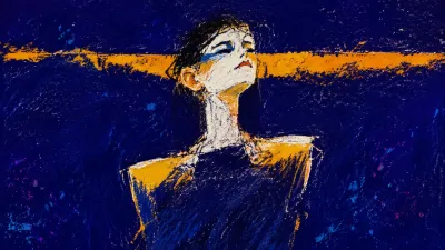 A solitary figure with raised shoulders beneath an amber plane, the torso outlined by indigo space and cold white edges