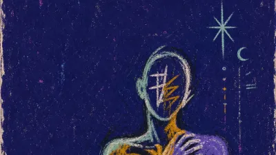 A solitary figure with tense ribs and raised shoulders, pale violet space pressing around a narrow amber glow