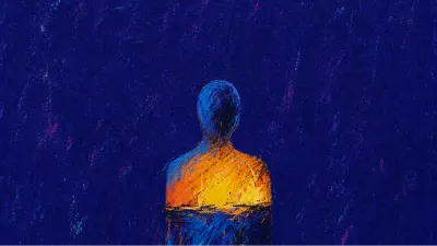 A solitary figure with a waterline across the chest, hot amber pressure spilling into cold blue deep indigo space