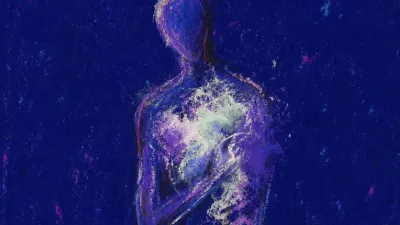 A solitary figure with mist gathered in the chest, pale moon-white fragments cutting through deep indigo haze