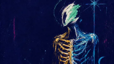 A solitary figure with a tight ribcage and held jaw, cold blue space pressing against a thin amber outline