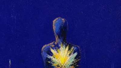 A solitary figure with bright heat in the chest, small blooms visible above unrooted lines in deep indigo space