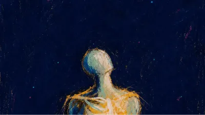 A solitary figure with loosened shoulders and warm light across the ribcage, framed by a clear edge in deep indigo space