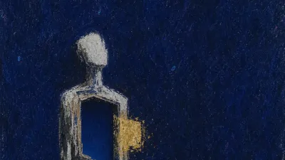 A solitary figure with an open chest like an empty room, polished gold light hovering outside against faded gray and indigo