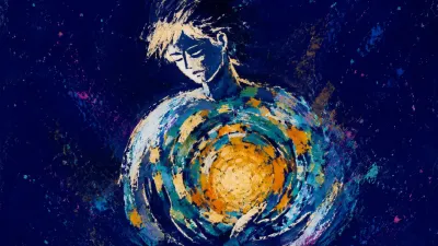 A solitary figure with softened shoulders inside a faint green circle, warm gold and cool teal shapes settling together