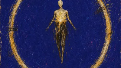 A solitary figure suspended inside a finished ring, chest held tight, warm gold edges against deep indigo space