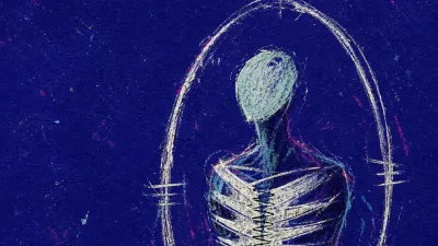 A solitary figure inside a polished oval frame, ribcage lit with low static and cool silver tension in deep indigo space