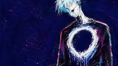 A solitary figure with a hollow chest, suspended inside a completed wreath, cool white space against deep indigo