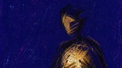A solitary figure with warm pressure glowing in the chest, pale gold streams held inside deep indigo space