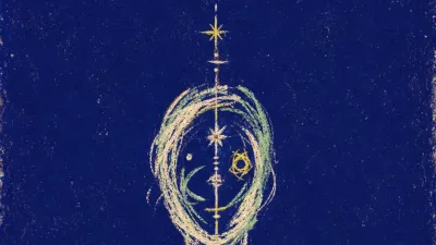 A solitary figure with lowered shoulders, pale lines gathering into one channel against deep indigo space