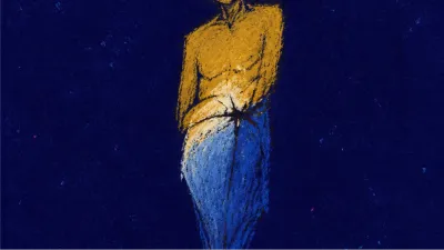 A solitary figure in deep negative space, torso held tight as warm gold edges drop into cold blue.