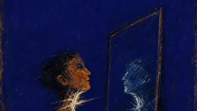 A solitary figure with a dim line at the throat reflected in glass, copper warmth meeting deep indigo shadow