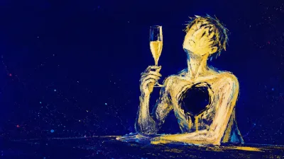A solitary figure beneath pale gold light, with a hollow chest space and deep indigo emptiness around the body