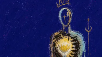 A solitary figure in deep indigo space with a warm hollow glow under the ribs, gold fading into cold white at the edge