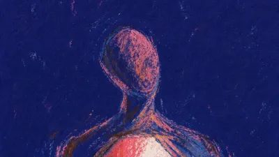 A solitary figure with lowered shoulders and an open chest, warm pink light held inside deep indigo space.