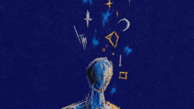 A solitary figure with a hollow chest, warm gold images hovering in mist above cold grey space and deep indigo ground