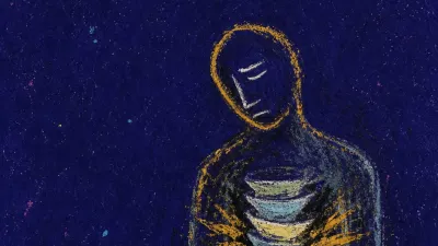 A solitary figure in dark space with stacked cups inside the chest, warm gold compressed against cold blue edges