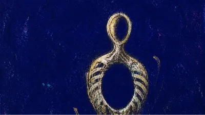 A solitary figure with a hollow chest, faded gold circling an empty center against cold white and deep indigo