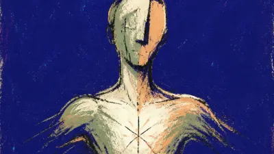 A solitary figure with lowered shoulders in deep indigo space, warm pearl light opening around the chest