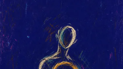 A solitary figure with one foot lifted and a loop held near the ribs, amber lines tightening against deep indigo water.