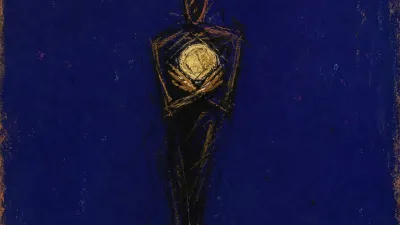 A solitary figure pinning gold coins to the chest and feet, cold amber pressure held inside deep indigo space