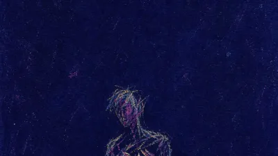 A solitary figure with a tightened ribcage around a small gold token, pale light compressed against deep indigo space