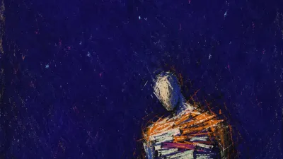 A solitary figure with compressed shoulders and ribs, surrounded by cold amber pressure in deep indigo space
