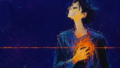 A solitary figure with a suspended chest glow, amber light held behind a cold indigo pressure line