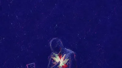 A solitary figure with a tight chest and lowered gaze, surrounded by visible tools in raw red and cold grey space