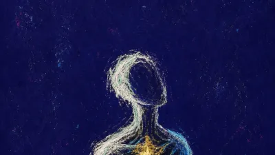 A solitary figure in dark space with ribcage tension, warm gold thinning into cold blue beneath a suspended slit of light