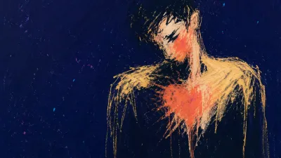 A solitary figure in deep indigo space, pale gold across raised shoulders and suspended coral light at the chest.