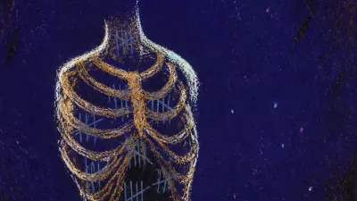 A solitary figure with a tight glowing band around the ribs, amber light pressed into grey tally marks in deep indigo space