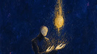 A solitary figure with open hands under soft gold light, shoulders held tight against cool indigo space