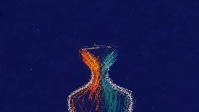 A solitary figure in dark space, throat lit ember orange, cold teal edges pressing the body into a smaller outline