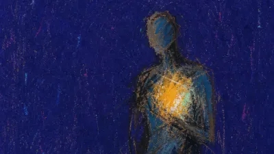 A solitary figure with a tight glow at the chest, amber weight pressing into drained teal space around the body