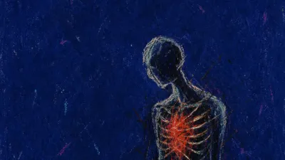 A solitary figure with bright pressure around the ribcage, ember red heat held inside deep indigo space