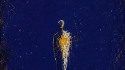 A solitary figure with a braced chest, warm gold edges stopping against cold indigo space and a visible floor line
