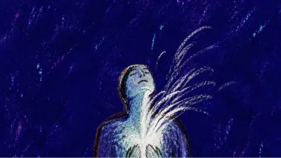 A solitary figure with a bright line opening through chest fog, silver white air cutting into deep indigo space