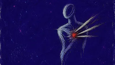A solitary figure with a red chest center pierced by cold steel lines, silver edges cutting through deep indigo space