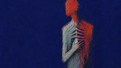 A solitary figure with sharp pressure at the ribcage, warm red crossed by cold steel lines in deep indigo space