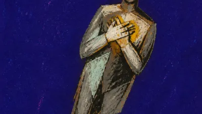 A solitary rigid figure on a dark slab, clasped hands under sharp amber lines in deep indigo space