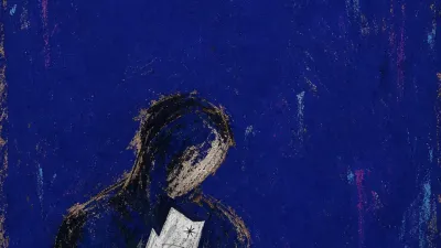 A solitary figure clutching sharp blades to the chest, steel silver tones cutting through a cold indigo room