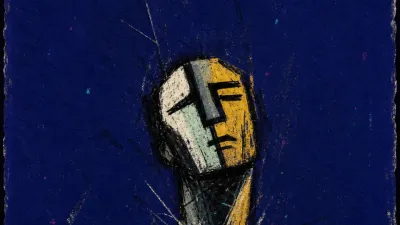 A solitary figure with raised shoulders and a tight jaw, grey-blue space vibrating around scattered blade-like lines