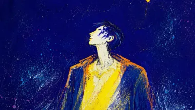 A figure with lowered shoulders and an open chest, a small bundle beneath warm yellow light in deep indigo space