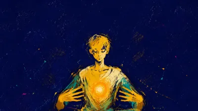 A solitary upright figure with settled shoulders, hands suspended beside one amber point, and a clear axis in deep indigo.