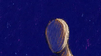 A solitary figure with a tight chest in pale distance, cool grey-blue space separating warm fading shapes