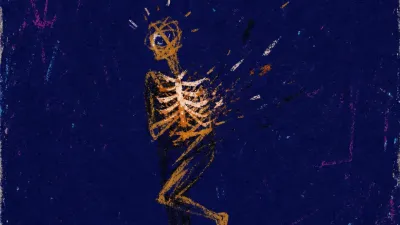 A solitary figure with tight ribs, one foot lifted between warm ground and open blue-black space