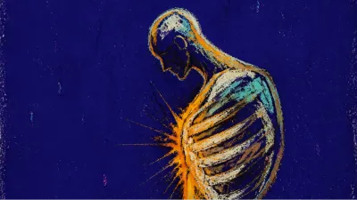 A solitary figure in dark space, ribcage pulled forward where amber heat meets cold blue at a tight indigo edge