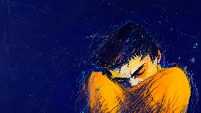 Solitary figure with raised shoulders under a suspended amber band, surrounded by deep indigo space and dry pastel grain.